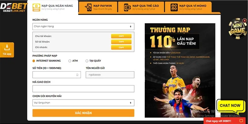 Các lỗi cần tránh khi nạp tiền debet